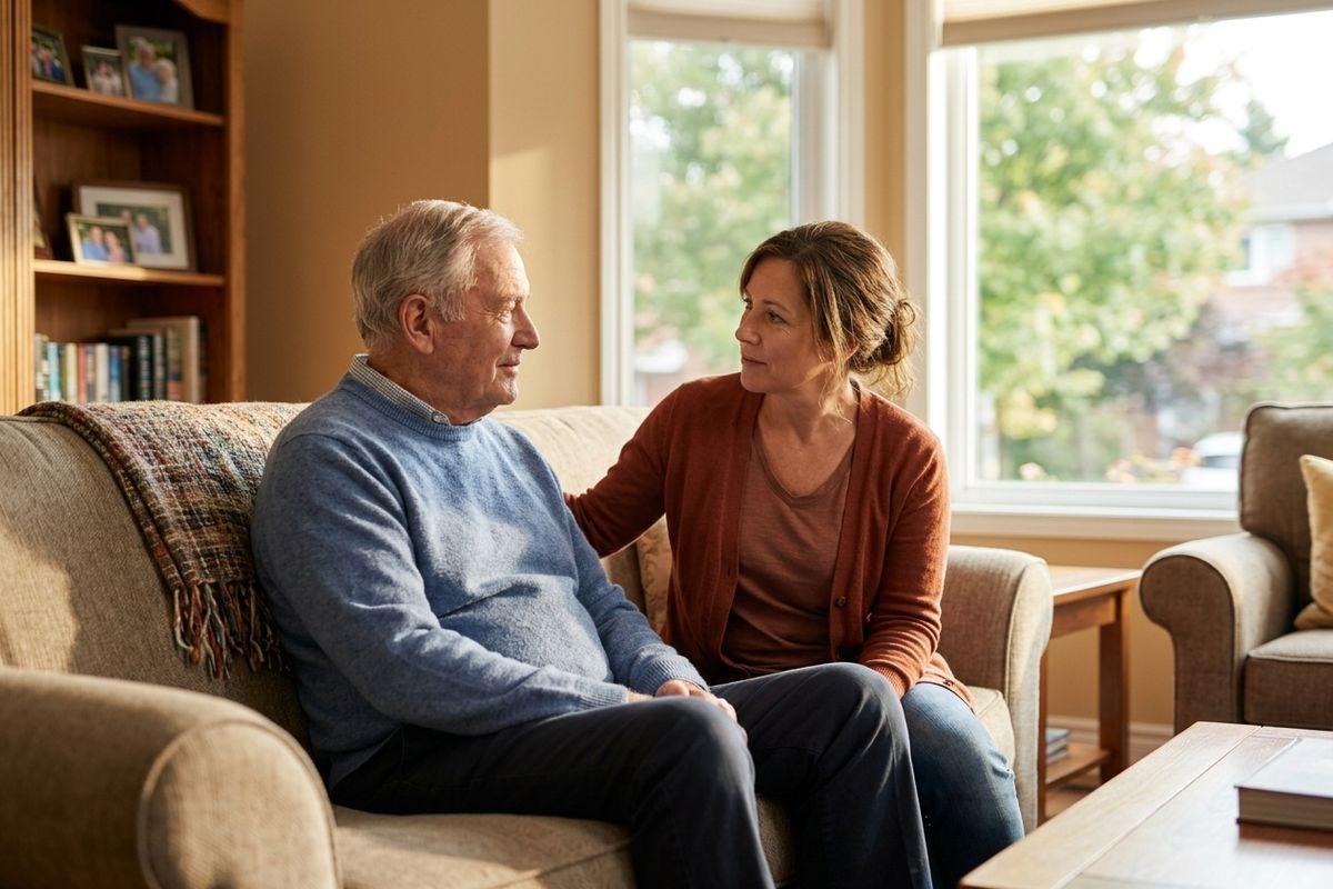 Older adult and younger adult sit close on a sofa, looking at each other, in a living room with a bright window.