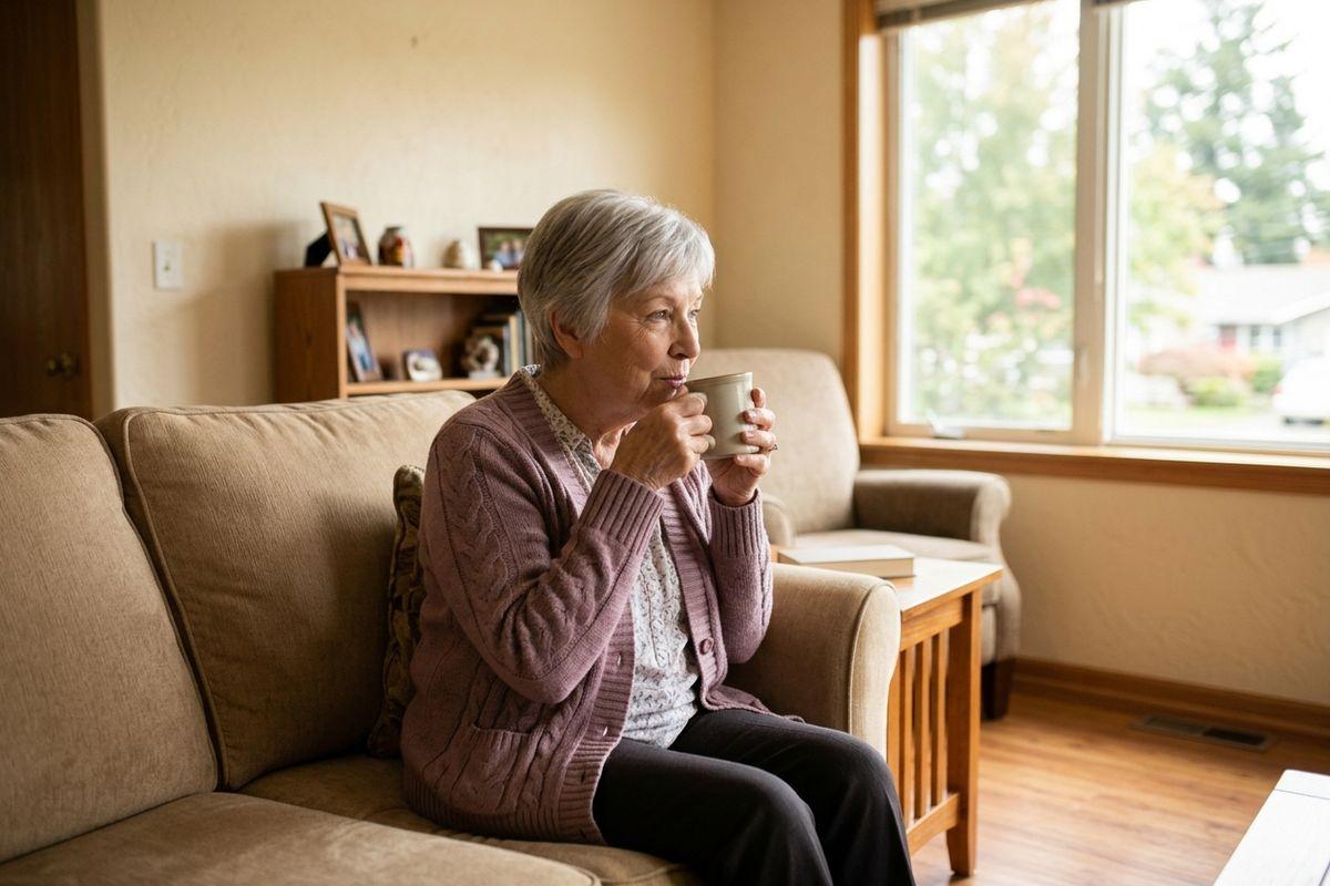 Older adult in pink cardigan sits on a couch drinking from a mug, gazing out a window in a living room.