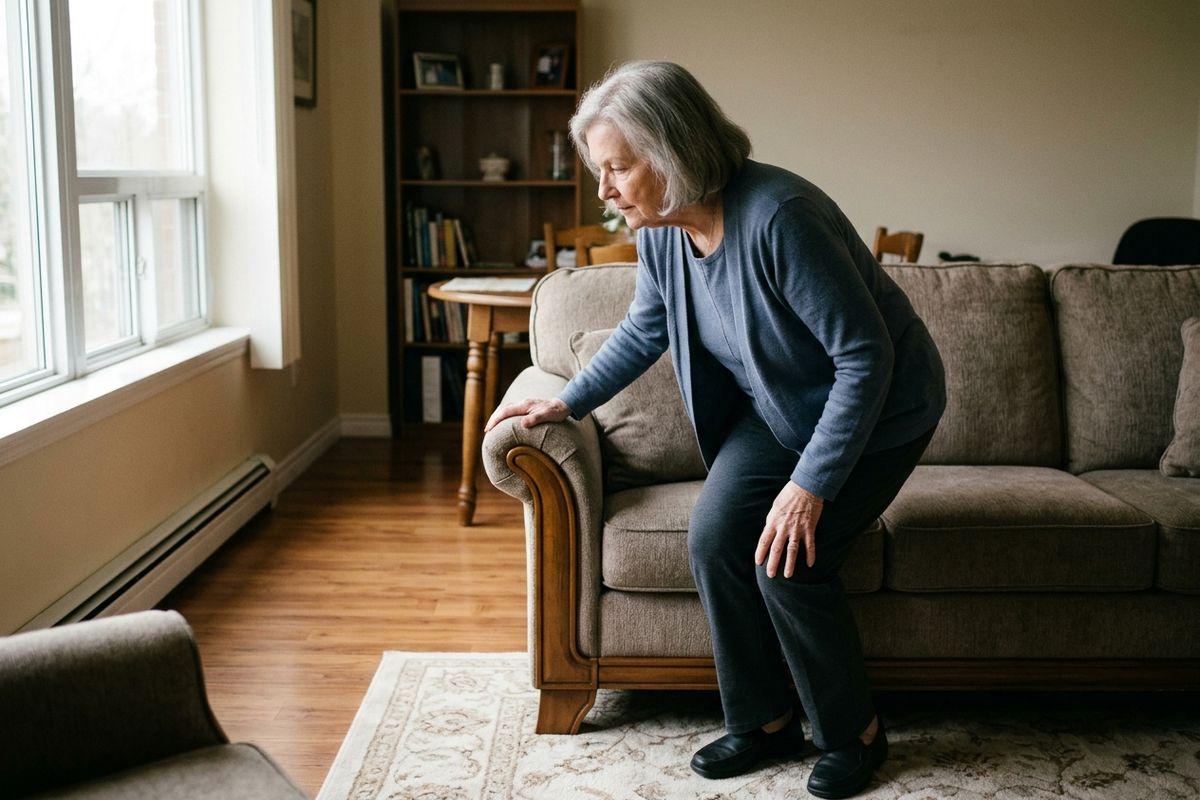 A senior with gray hair pushing up from a couch armrest, hand on knee, in a living room.